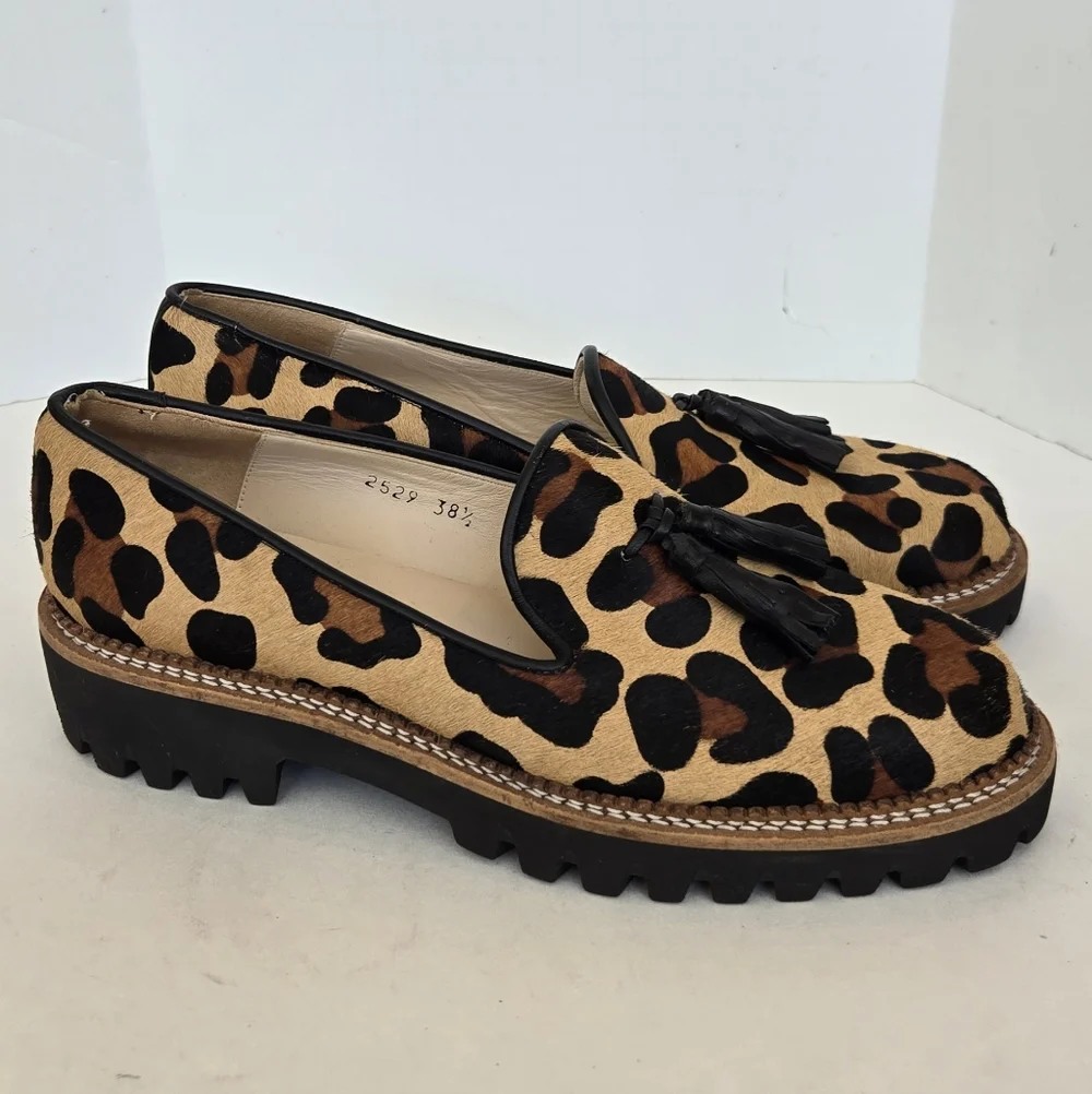 Jon Josef Leopard Print Calf Hair Tassel Loafers Lug Sole